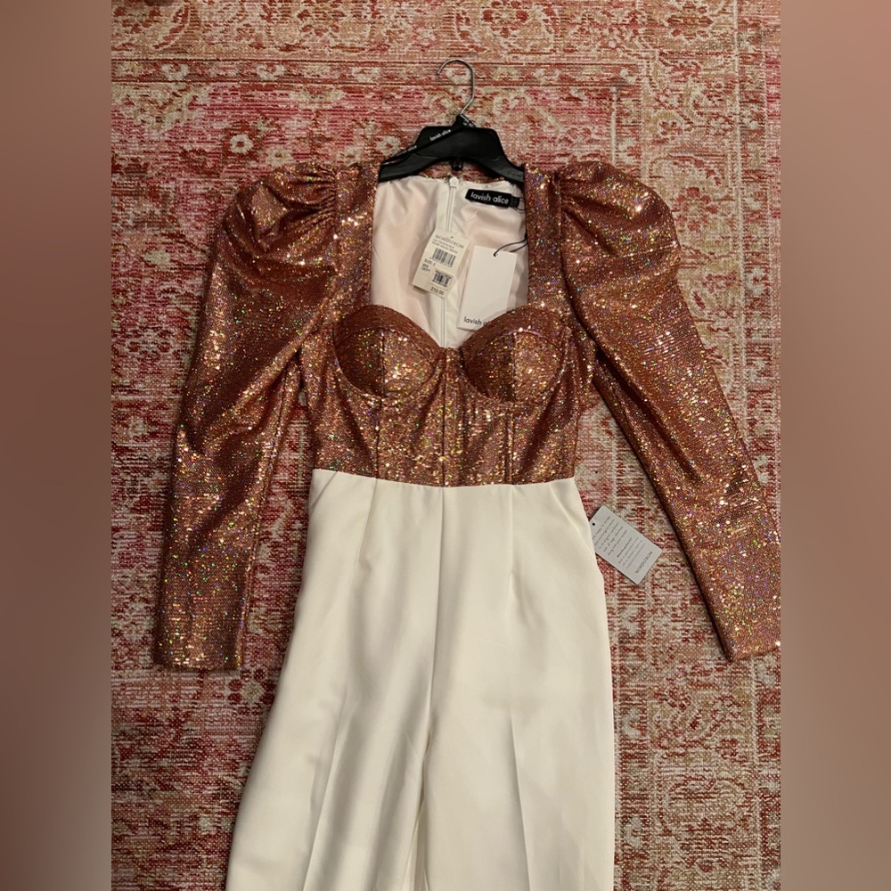 Lavish Alice Puff Sleeve Sequin Corset Jumpsuit in Rose Gold. Size 2.
